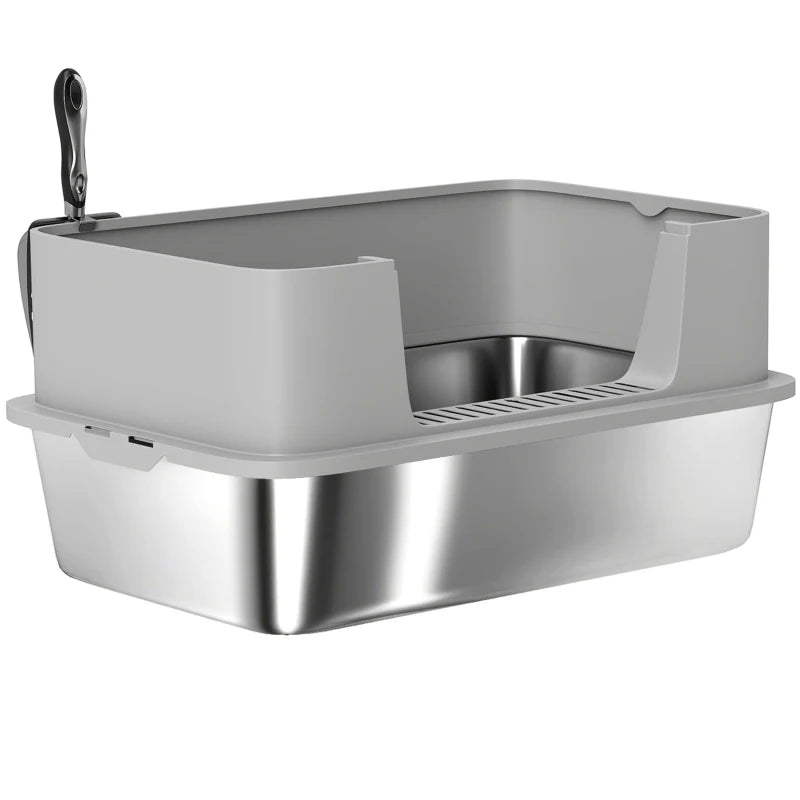 Stainless Steel Litter Box, XL High Sided Cat Litter Box with Scoop, Anti Leakage & Easy to Clean, 24" x 16" x 12", Grey