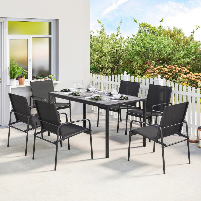 Outdoor Dining Set for 6, Faux Wood Patio Table and Chairs with Breathable Mesh Seat, Galvanized Steel Frame, Black