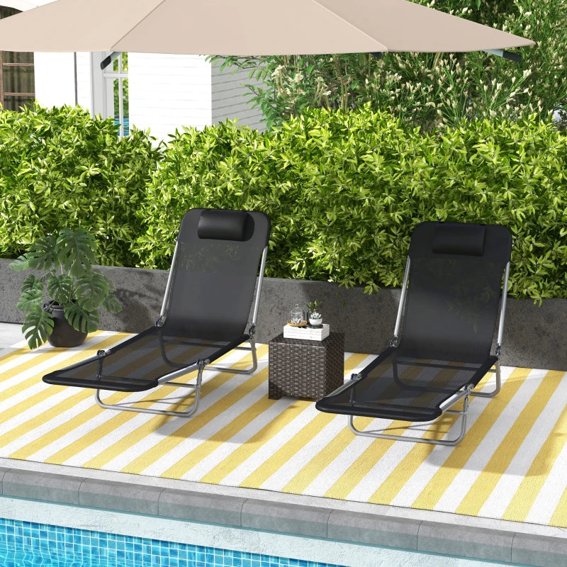 Folding Outdoor Lounge Chair Set of 2, Reclining Tanning Chair with 5-Position Adjustable Backrest, Black