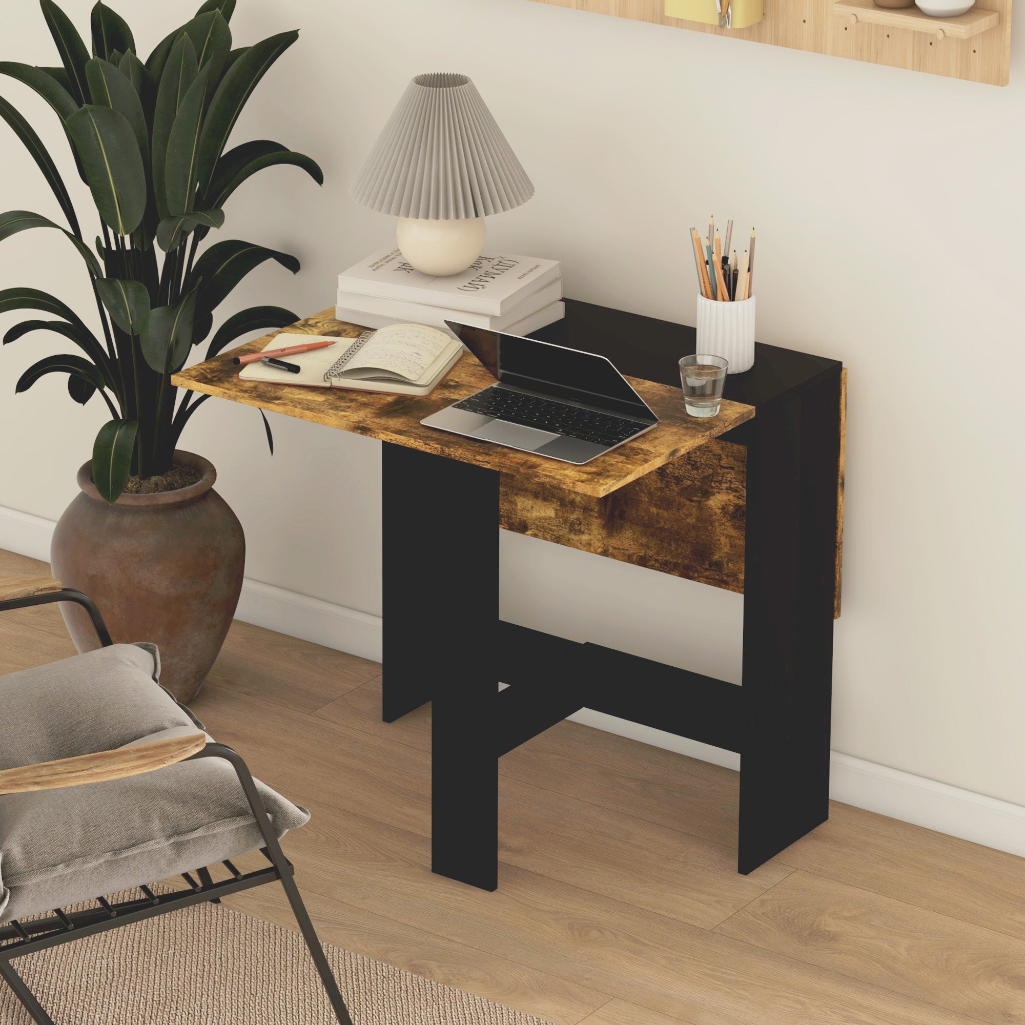 HOMCOM Drop Leaf Wood Folding Multi-Use Side Dining Desk Table Space Saving Rustic Brown Black