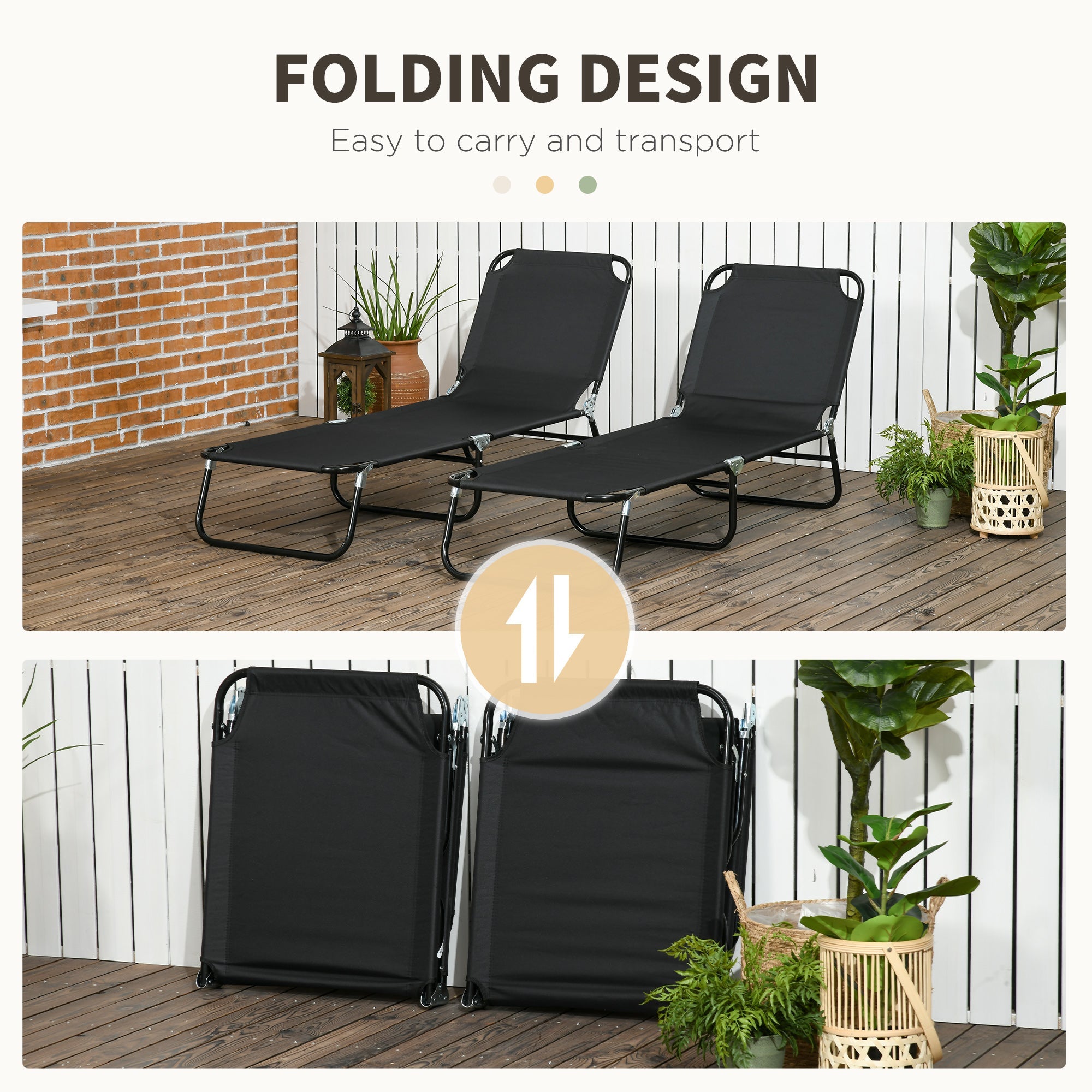 Outsunny Set of 2 Folding Outdoor Lounge Chair, Sun Tanning Chairs with Reclining Back, Breathable Mesh for Beach Patio, Black