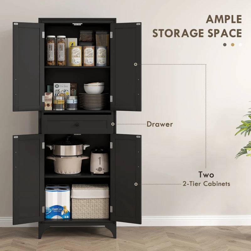 Freestanding Storage Cabinet, Kitchen Pantry Cabinet with 2 Shelves, 4 Doors for Dining Room, Black