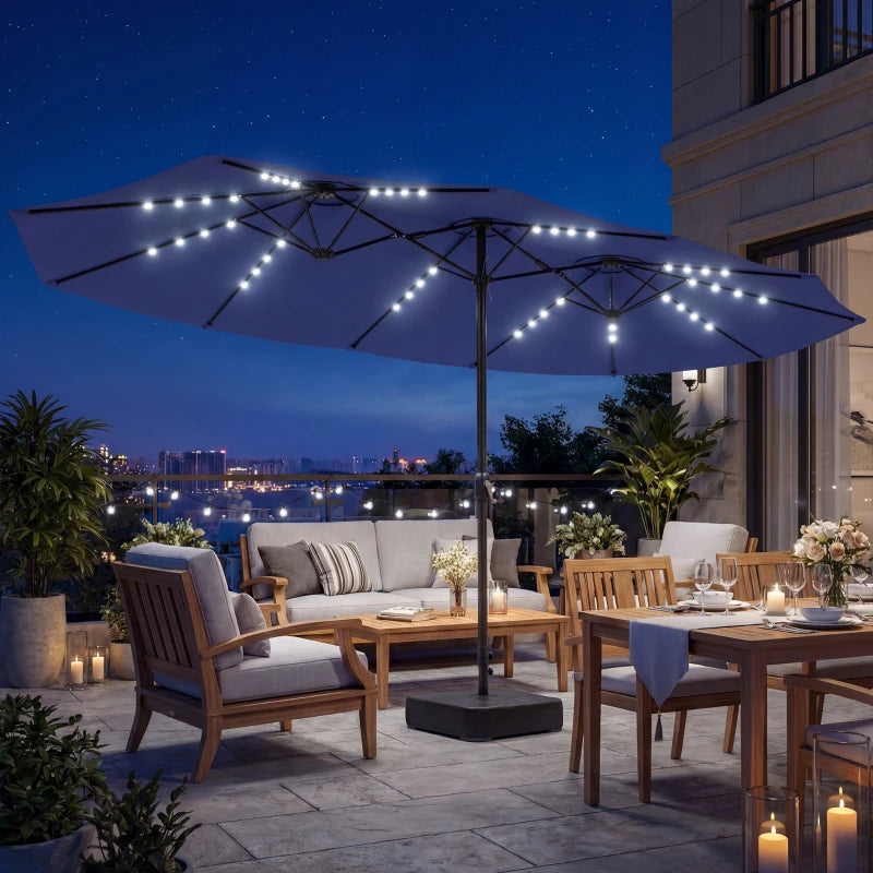 Double-sided Patio Umbrella with Base Included & 48 LED Lights 15ft Dark Blue