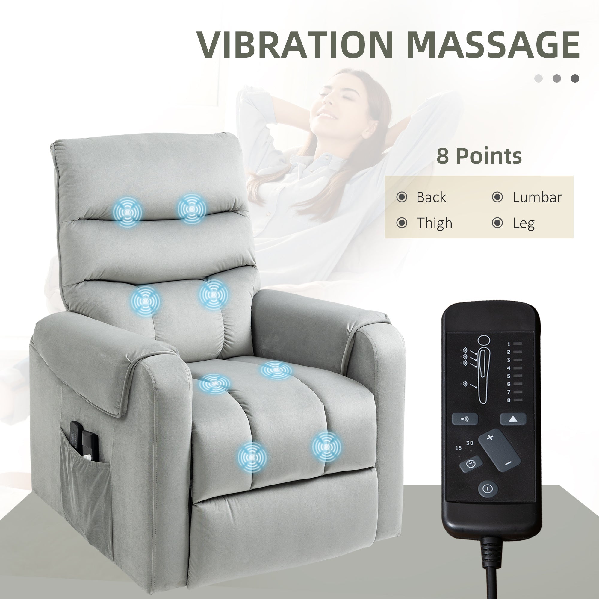 HOMCOM Massage Lift Recliner Chair: 8 Vibration Points, Footrest, Remote Control, Side Pockets, Grey