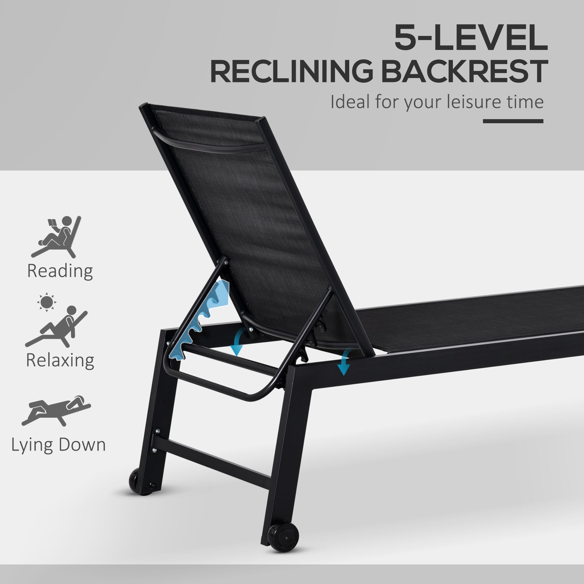 Outsunny Patio Lounge Chair Outdoor Recliner with 5-Position Backrest 2 Wheels for Poolside Beach Lawn Black