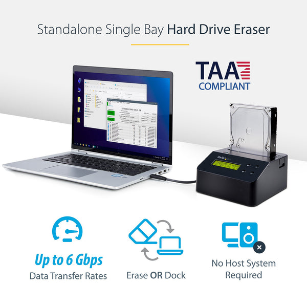 StarTech Single-Bay Hard Drive Eraser & Docking Station, Standalone HDD/SSD Sanitizer with LCD Display, USB 3.0, 9 Erase Modes & SATA III
