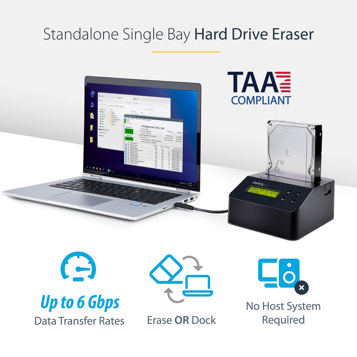 StarTech Single-Bay Hard Drive Eraser & Docking Station, Standalone HDD/SSD Sanitizer with LCD Display, USB 3.0, 9 Erase Modes & SATA III