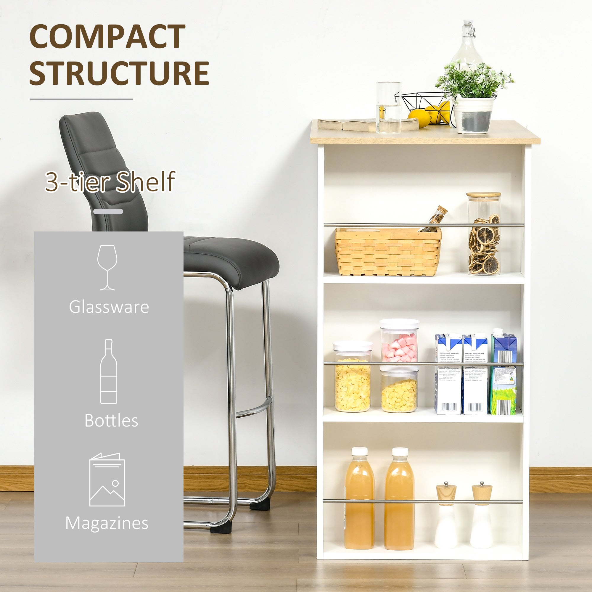 HOMCOM Bar Height Dining Table Modern with 3 Storage Shelves for Kitchen Dining Room Living Room White