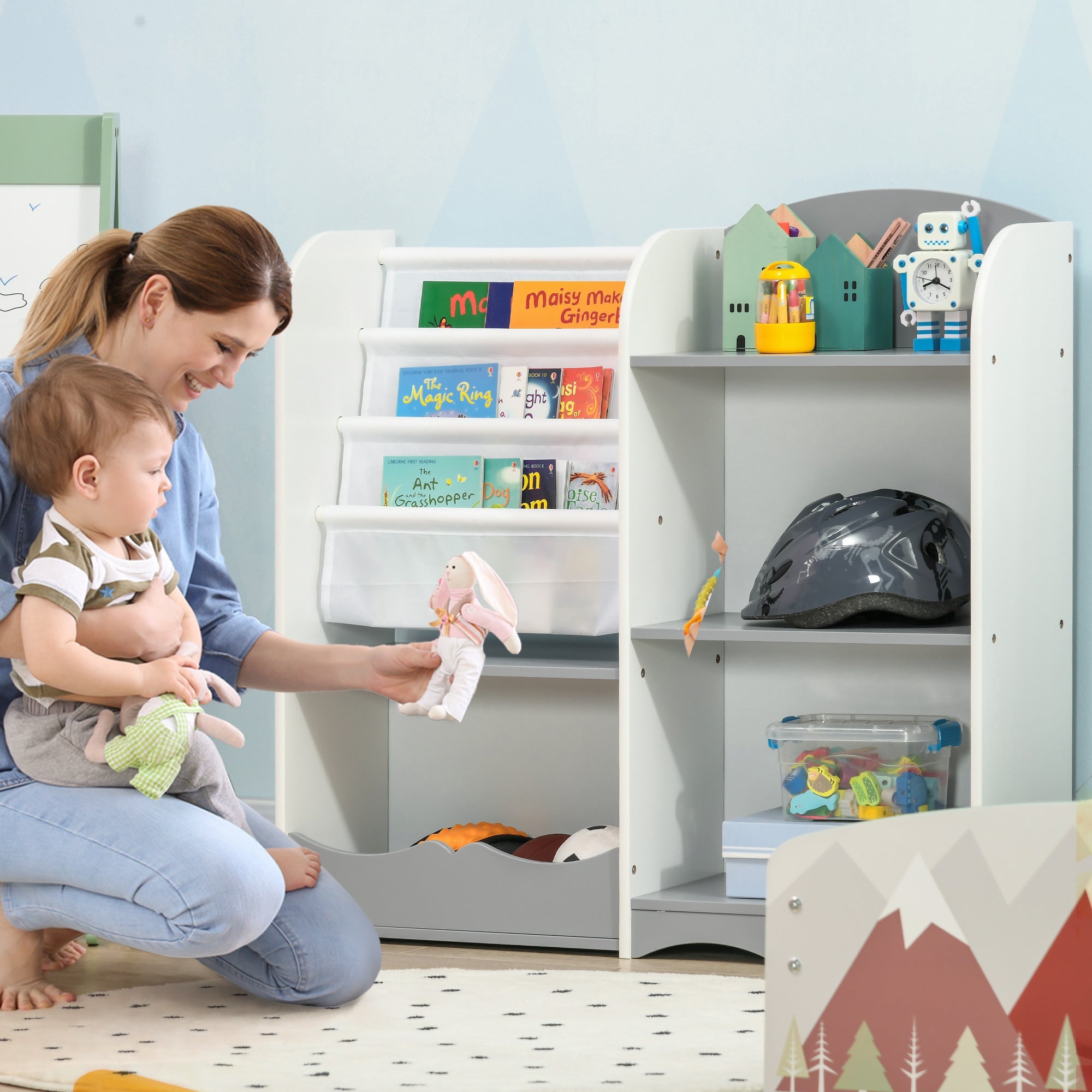 Qaba Kids Toy Storage Organizer Shelf Children Bookshelf for Bedroom Playroom Nursery Grey