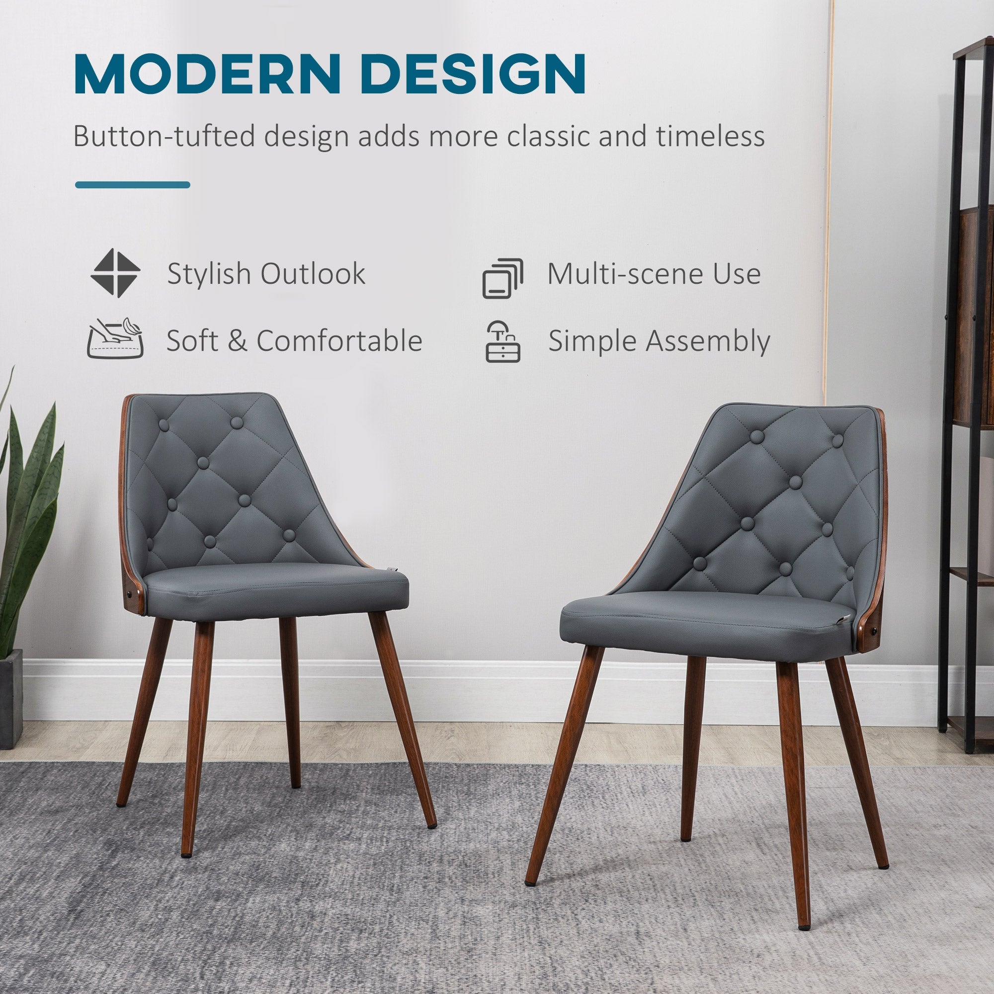HOMCOM Dining Chair Pair: Modern PU Leather Upholstered, Steel Legs, Side Makeup Chairs, Grey Shade