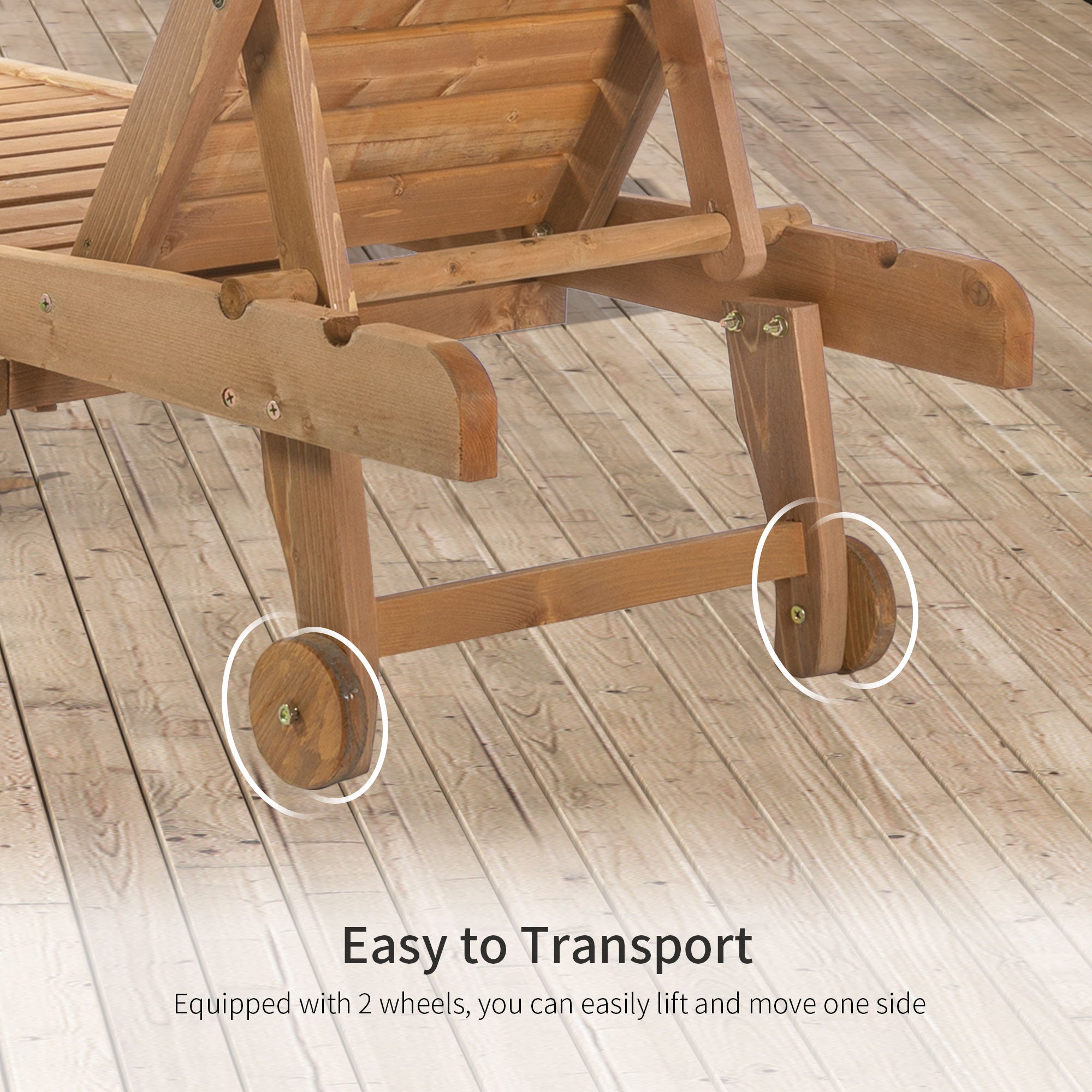 Outsunny Adjustable Wooden Chaise Lounge Outdoor Patio Recliner Garden Furniture with Pullout Tray and 2 Wheels