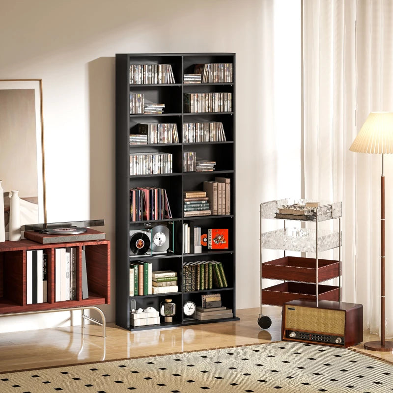 9-Tier DVD Shelf with 18 Compartments and 14 Adjustable Shelves, Holds 640 CDs, 360 DVDs or 430 Blu-rays, Black