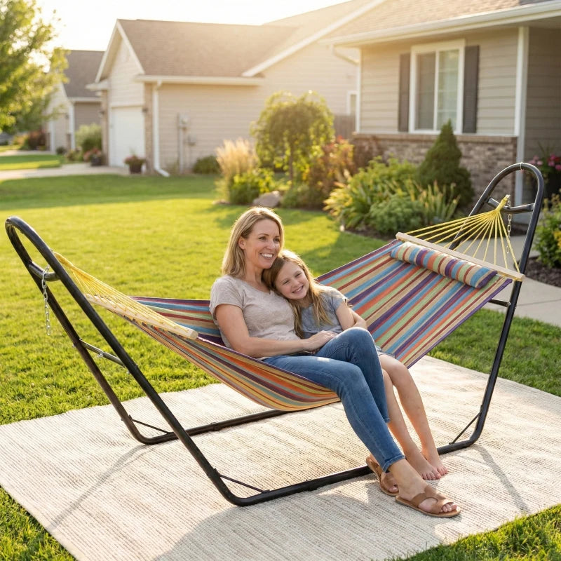 Hammock with Stand, Heavy Duty Camping Hammock with Detachable Pillow and Spreader Bar, 264 lbs Capacity, Multicolor