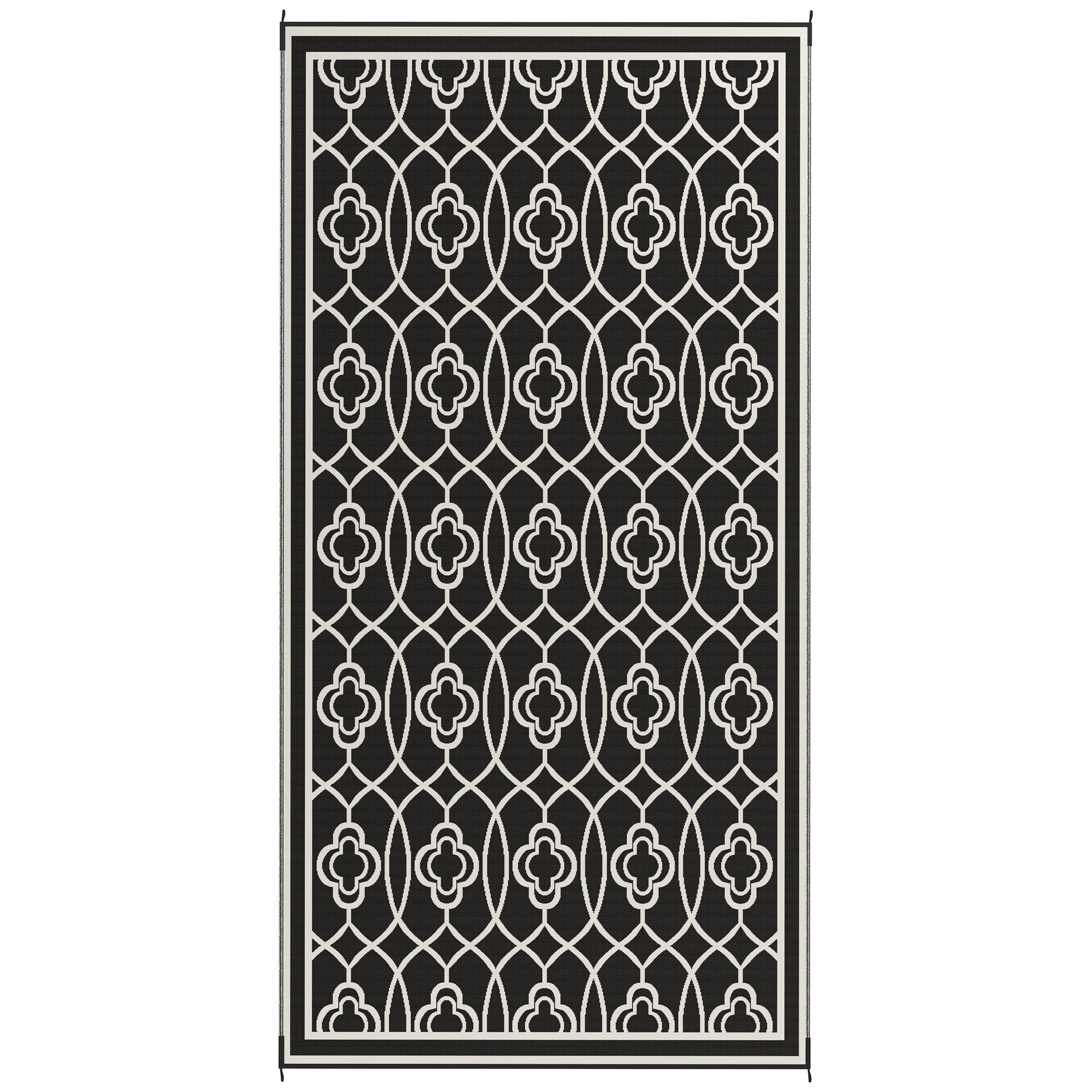 Outsunny 9' x 18' Outdoor RV Rug, Reversible Patio Floor Mat with Carry Bag, Lantern, Black and White