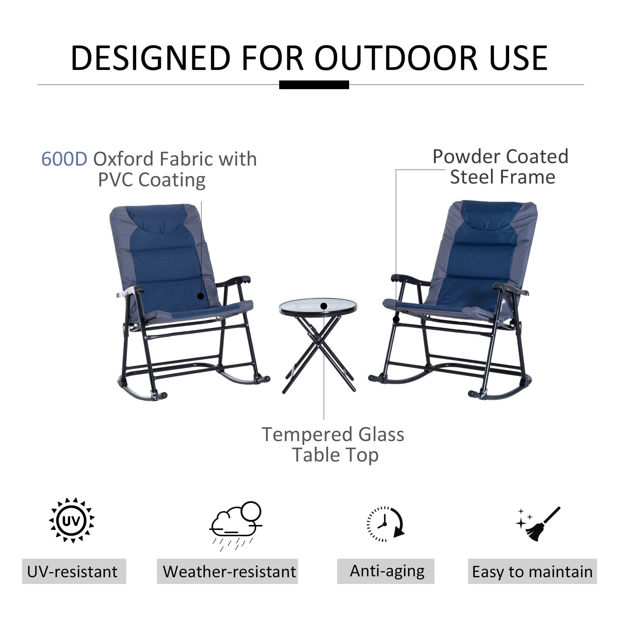 Outsunny 3pc Folding Outdoor Rocking Chair and Table Set Yard