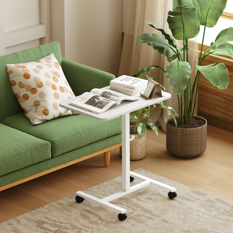 Height Adjustable Standing Desk, Pneumatic Sit Stand Desk with Wheels and Headphone Hook, White Wood Grain