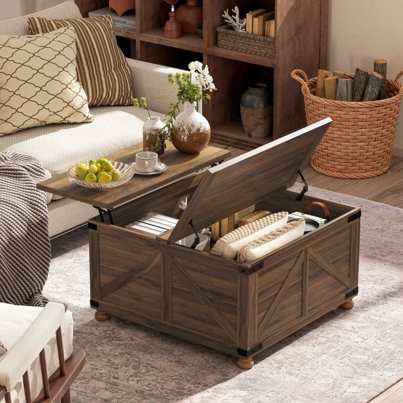 Coffee Table with Lift Top, 32" Farmhouse Center Table with Hidden Compartment for Living Room, Brown Wood Grain