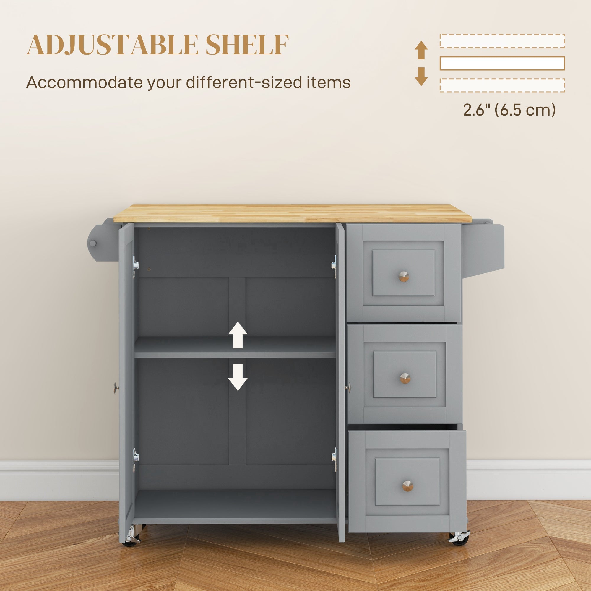 HOMCOM Kitchen Island on Wheels, Kitchen Cart with Drop Leaf, Drawers, Grey