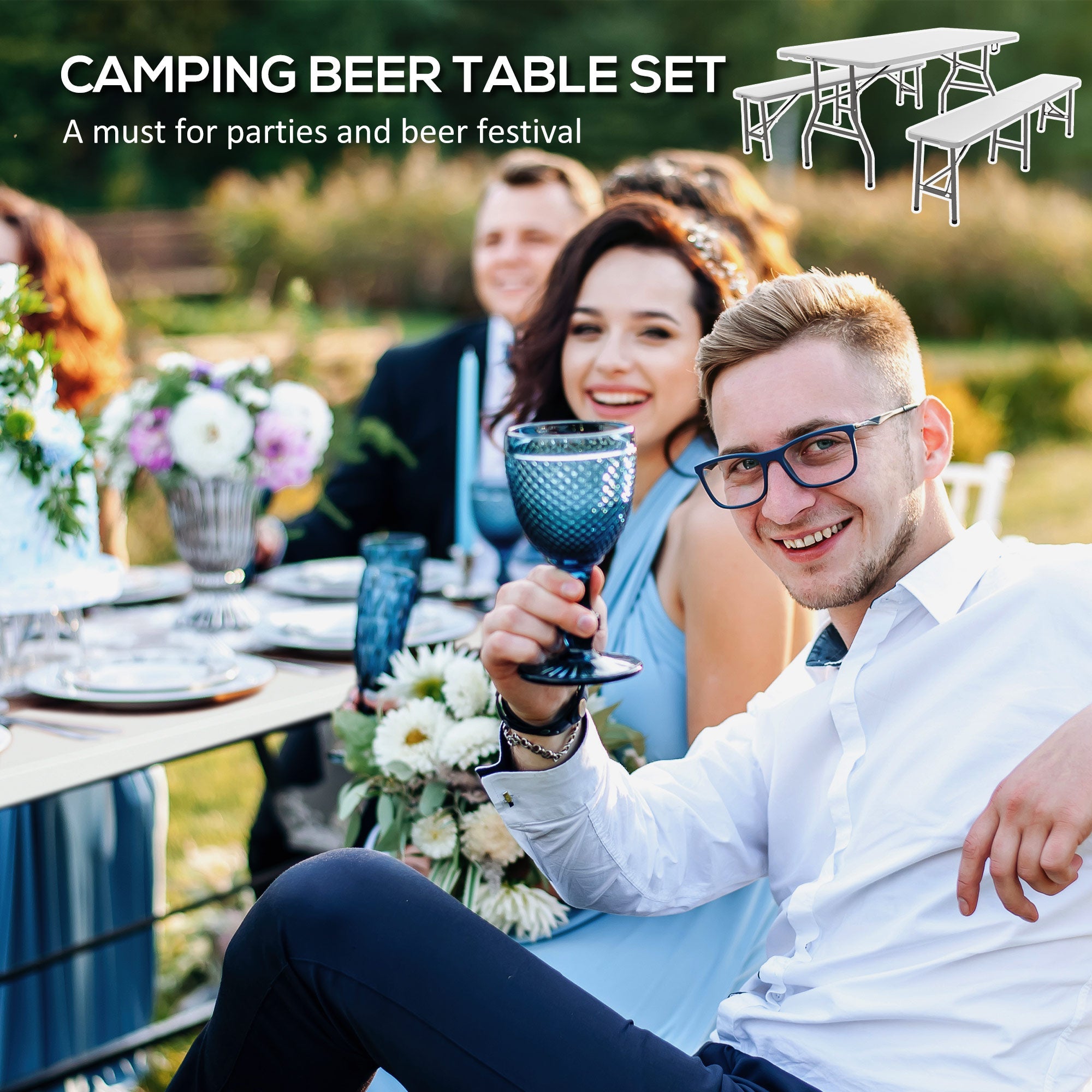 Outsunny 72" Folding Picnic Table Set, 2 Benches, 3-Piece Outdoor HDPE German Style Biergarten Foldable Beer Table for 6, White