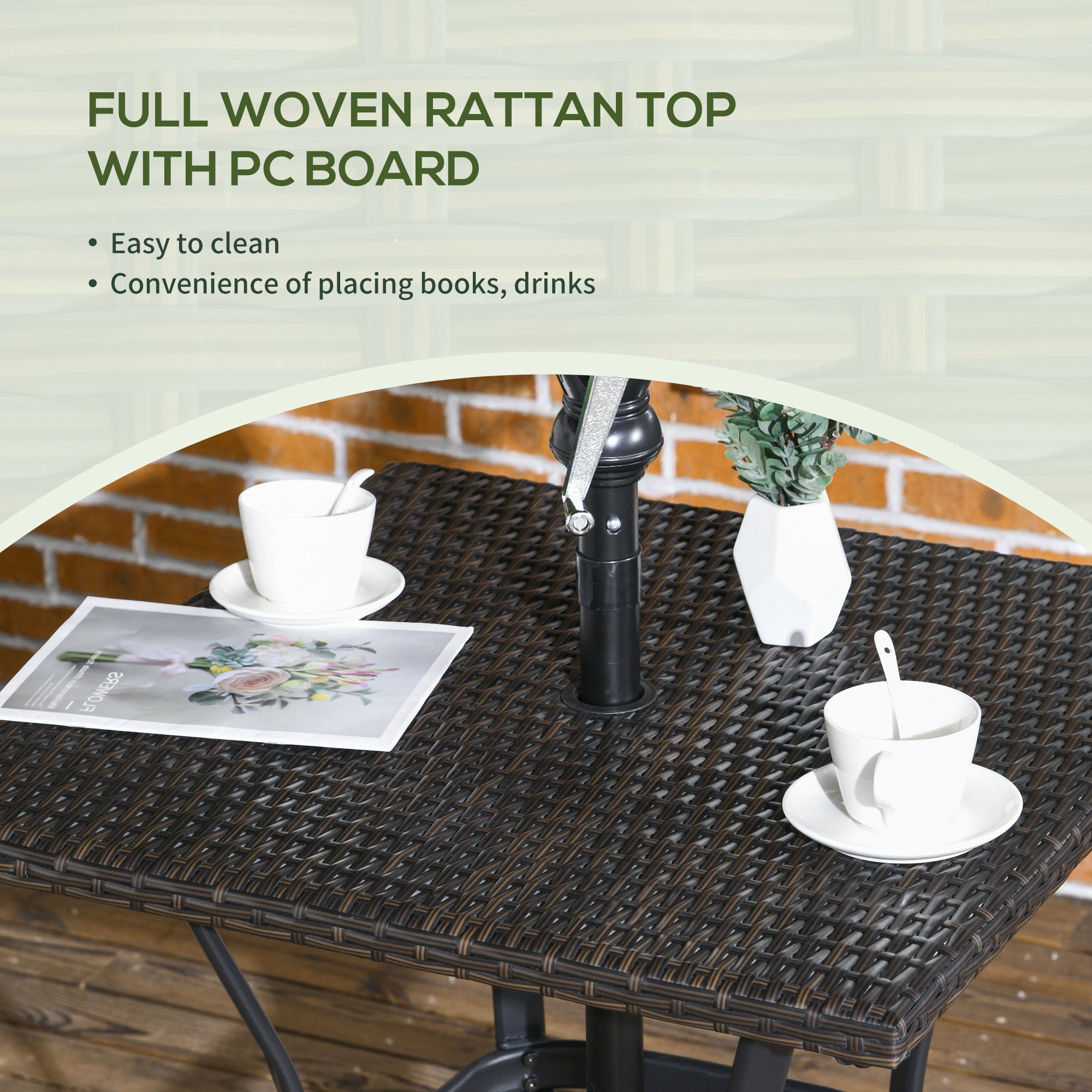 Outsunny Wicker Patio Dining Table with Umbrella Hole Outdoor Rattan Coffee Table for Garden Balcony Mixed Brown