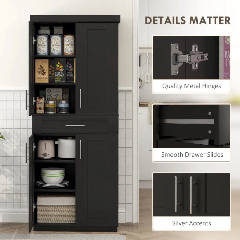 72" Storage Cabinet, Freestanding Kitchen Pantry Cabinet with 4 Doors, Drawer and 3 Adjustable Shelves, Black