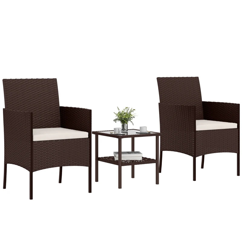 Wicker Bistro Set, 3 Piece Patio Furniture Set with 2-Tier Glass Top Table, Cushions for Balcony, Porch, Beige