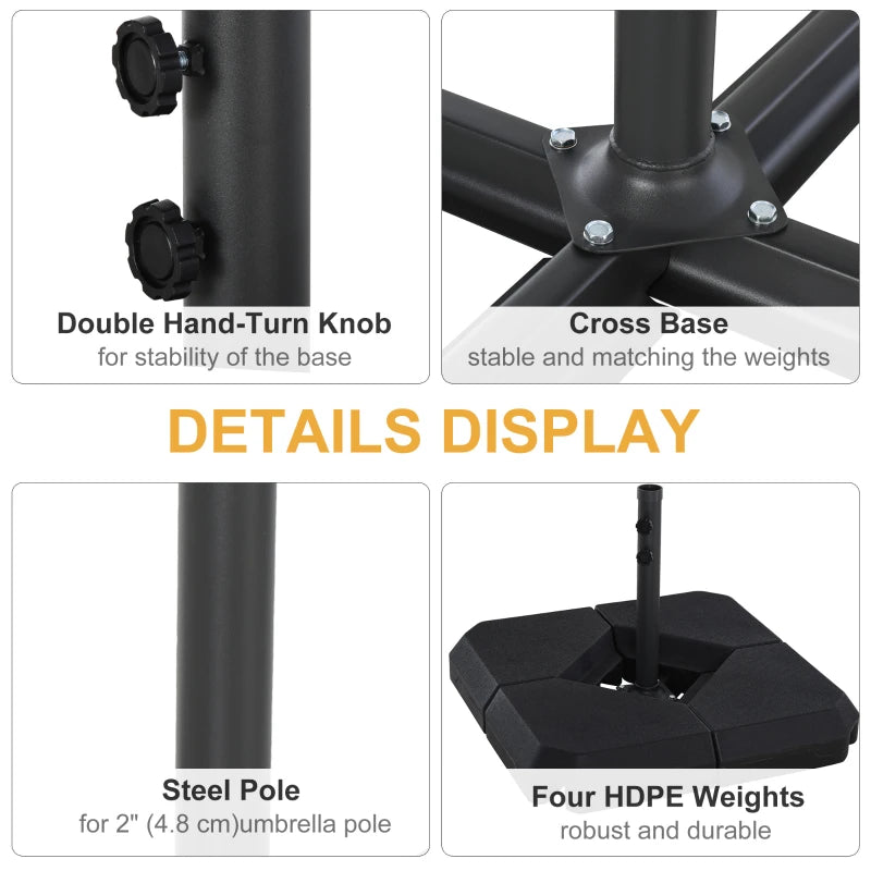Umbrella Stand Fitting 2" Poles and Steel Base with 4 Fillable Plastic Weights, 158lbs Sand or 132lbs Water Filled, Black