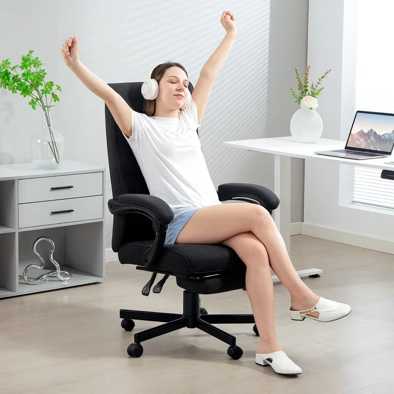 Office Chair, Linen High Back Desk Chair, Swivel Recliner with Adjustable Height, Footrest and Padded Armrest, Black
