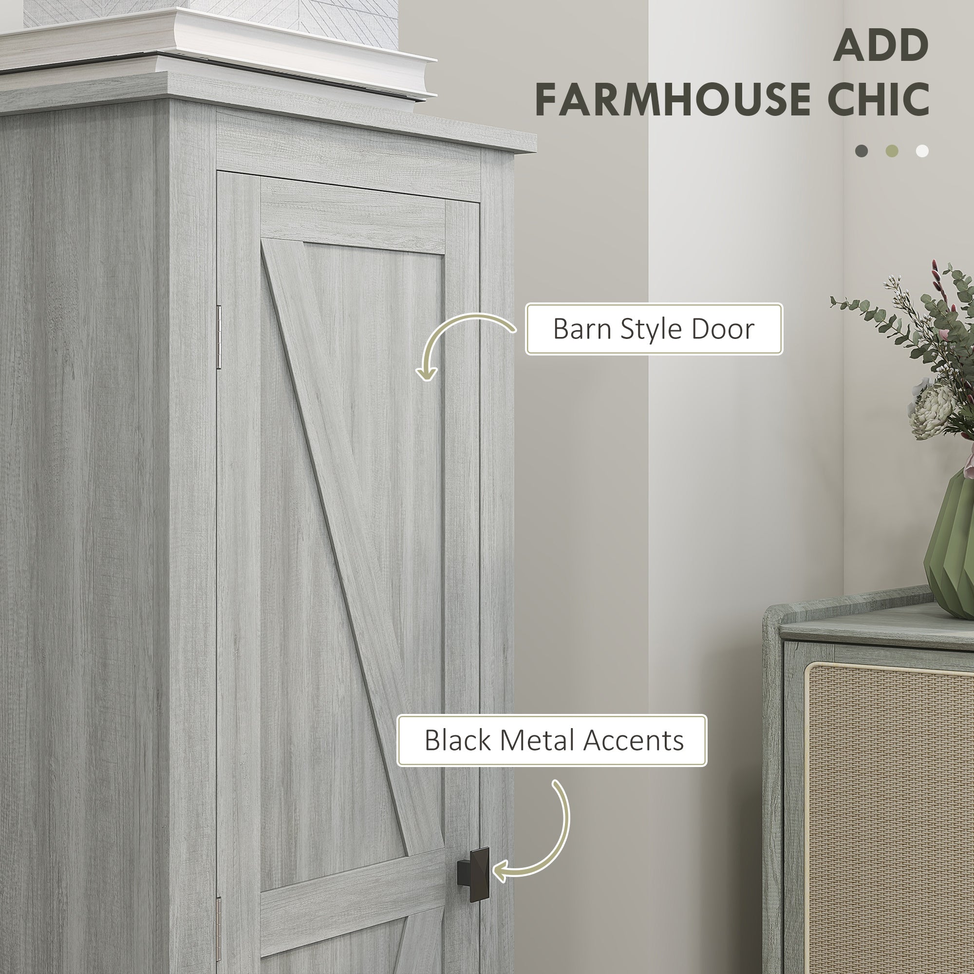 HOMCOM 48" Kitchen Pantry Storage Cabinet w/ Barn Door, Kitchen Pantry Cabinet w/ Adjustable Shelves, Grey Wood Grain