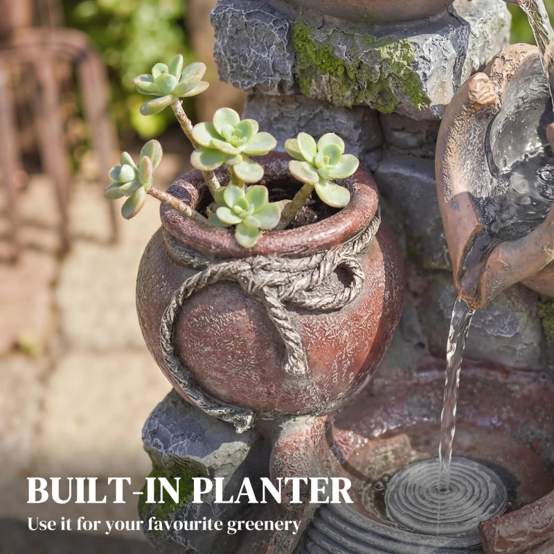 Outdoor Fountain with 4-Tier Rustic Pot Design, Cascading Rock Waterfall with LED Lights and Adjustable Flow