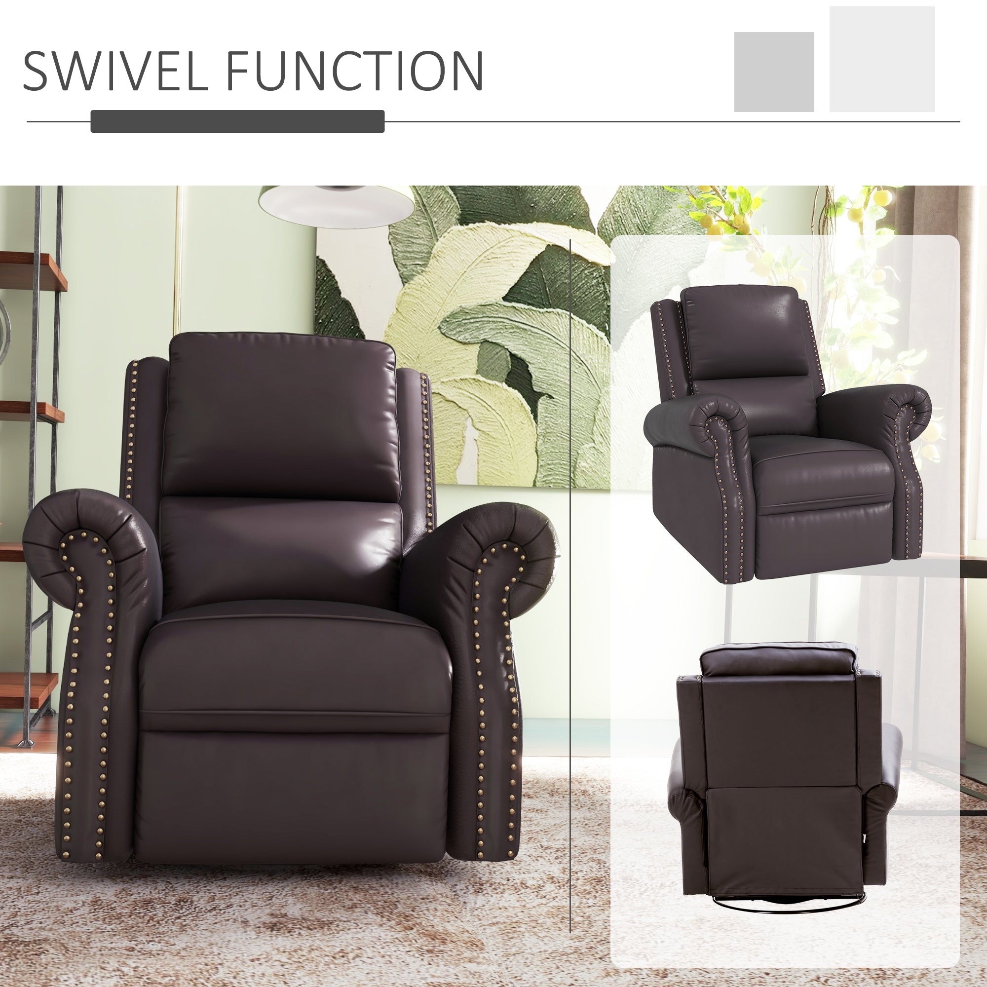 HOMCOM Swivel Recliner Chair, Reclining Sofa, PU Leather Rocker with Thick Padded Back and Seat for Living Room, Brown