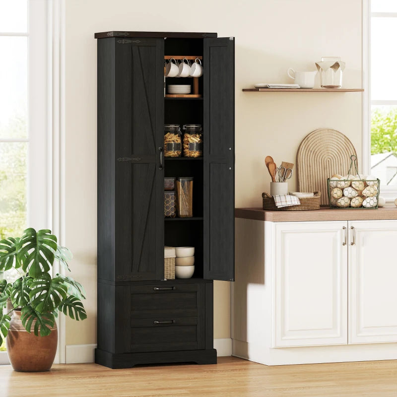 71" Tall Kitchen Pantry Cabinet, Farmhouse Kitchen Storage Cabinet with 2 Drawer and Adjustable Shelves, Black