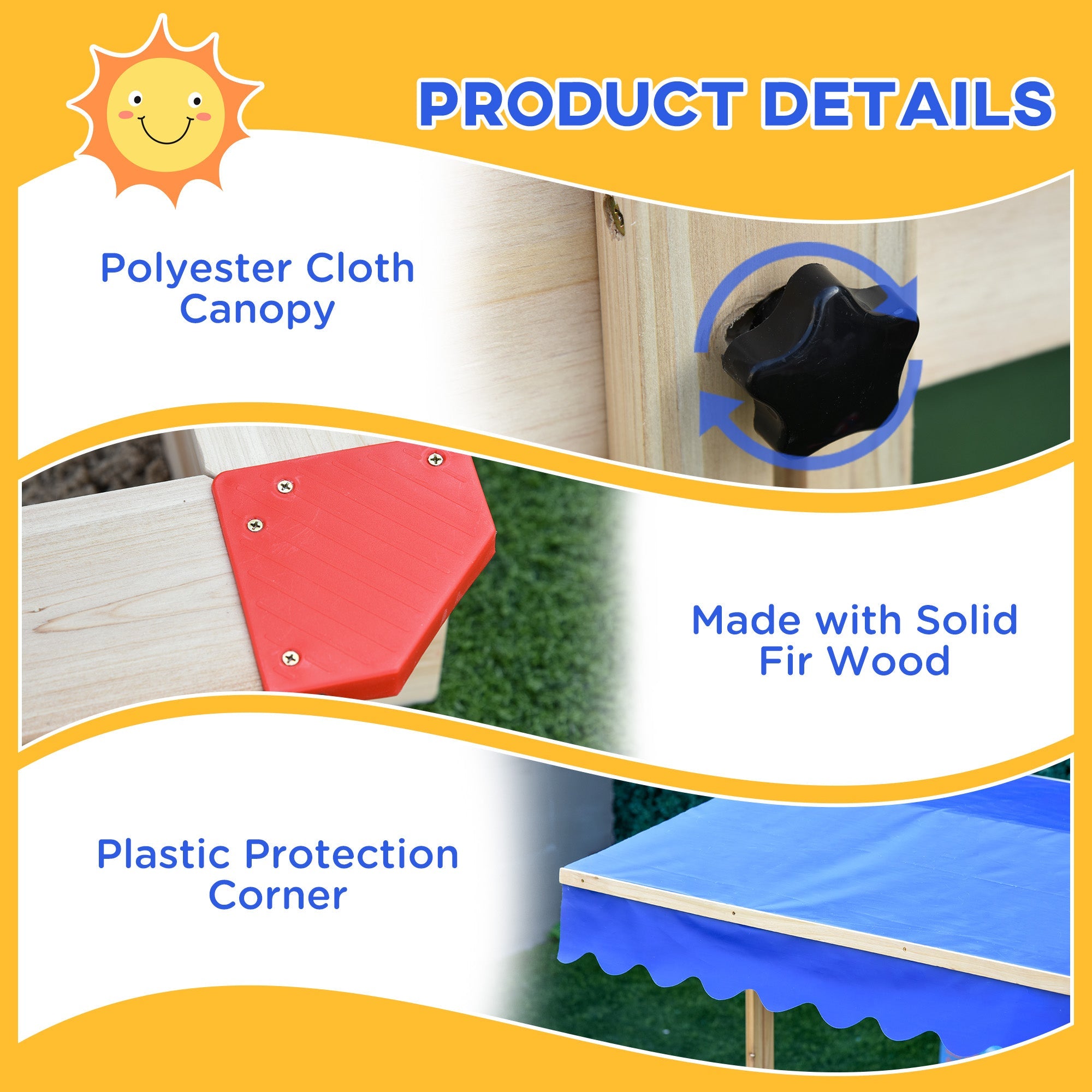 Outsunny Kids Wooden Sandbox, Play Station for Children Outdoor, with Adjustable Canopy Shade, Seats, for Backyard, Beach