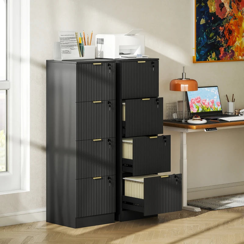 Lockable Filing Cabinet with 4 Fluted Drawers, File Cabinet with Adjustable Hanging Rails for A4 Letter Files, Black