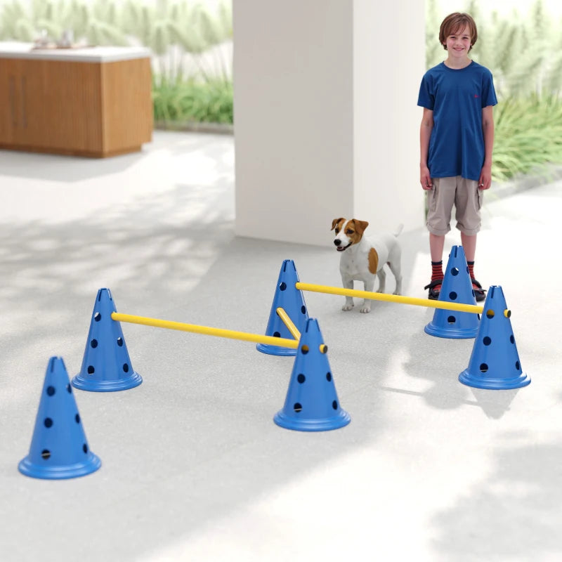Dog Agility Hurdle Cone Set, Adjustable Obstacle Course Equipment with 6 Cones & 6 Poles, Carry Bag, Blue