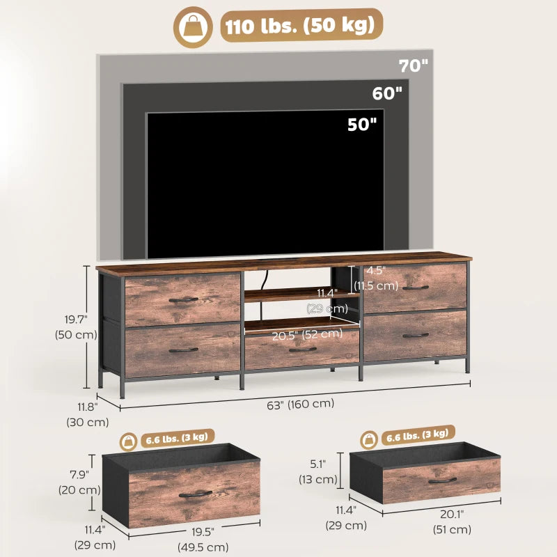 TV Stand for TVs up to 70 Inch, Industrial TV Console with Charging Station, 5 Drawers and Open Shelves, Rustic Brown