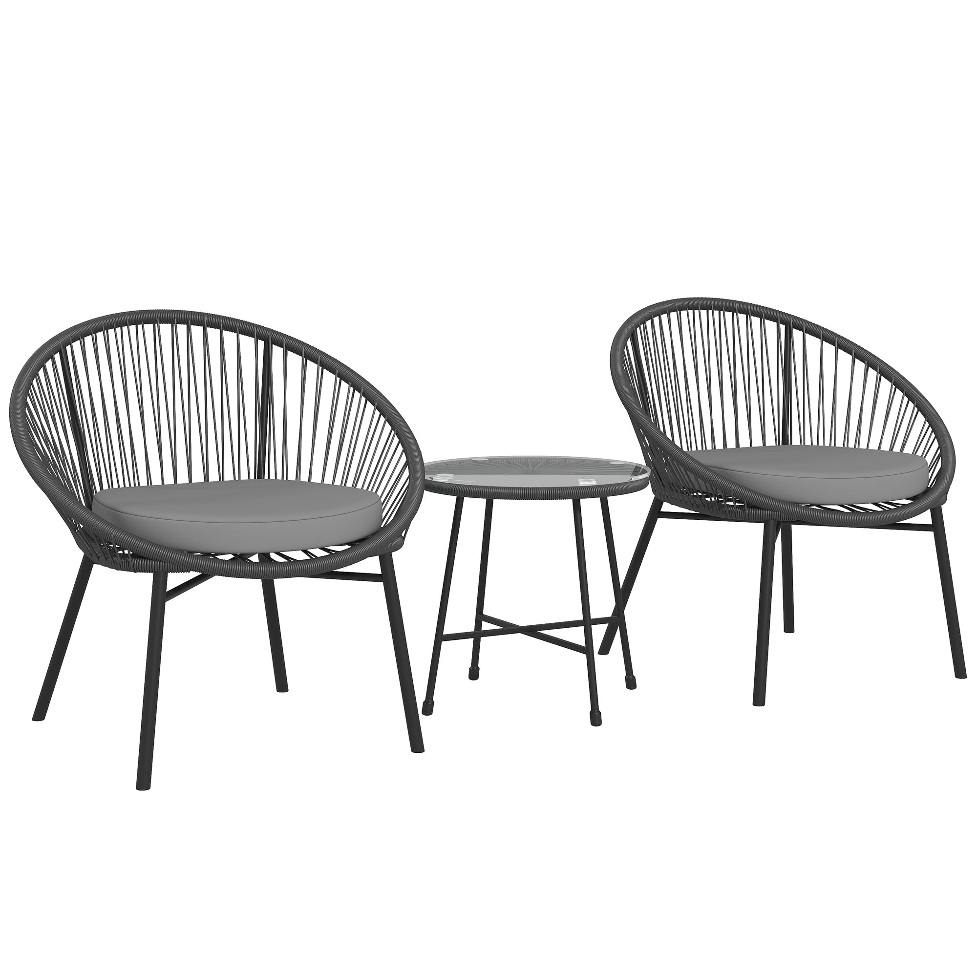 Outsunny 3 Piece Wicker Patio Furniture Set with Soft Seat Cushions, Tempered Glass Tabletop, Bistro Set for Garden, Black