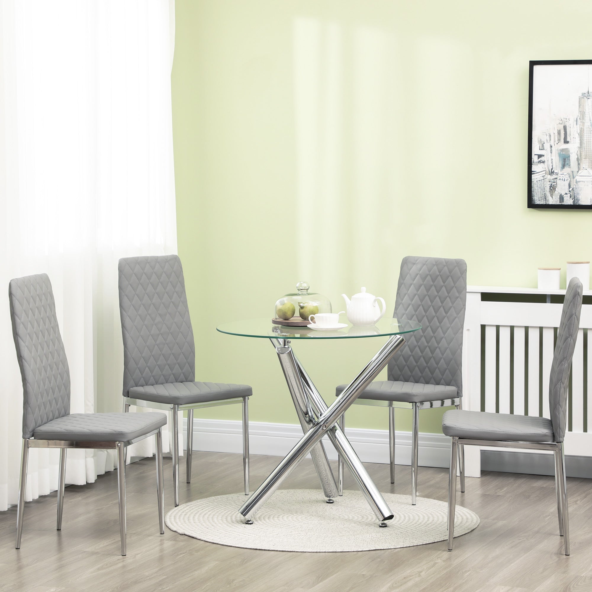 HOMCOM Set of 4 Modern Faux Leather Dining Chairs with Steel Legs for Kitchen Comfortable Design Grey