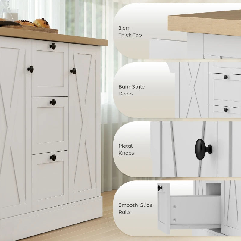 Farmhouse Kitchen Island Cart with Power Outlet and Soft-Close Doors, 49" Kitchen Island with 3 Drawers, White