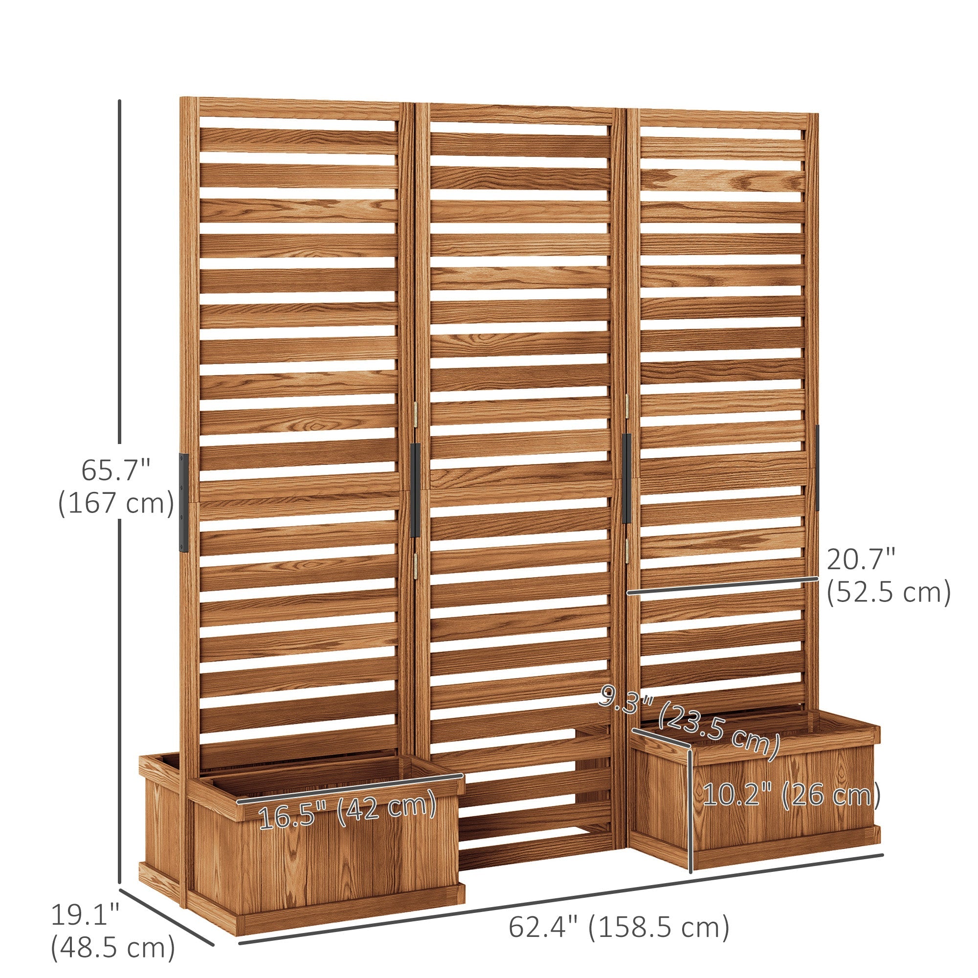 Outsunny Outdoor Wood Privacy Screen with Planter Boxes 3 Panel Raised Bed Drainage Holes Privacy Panel