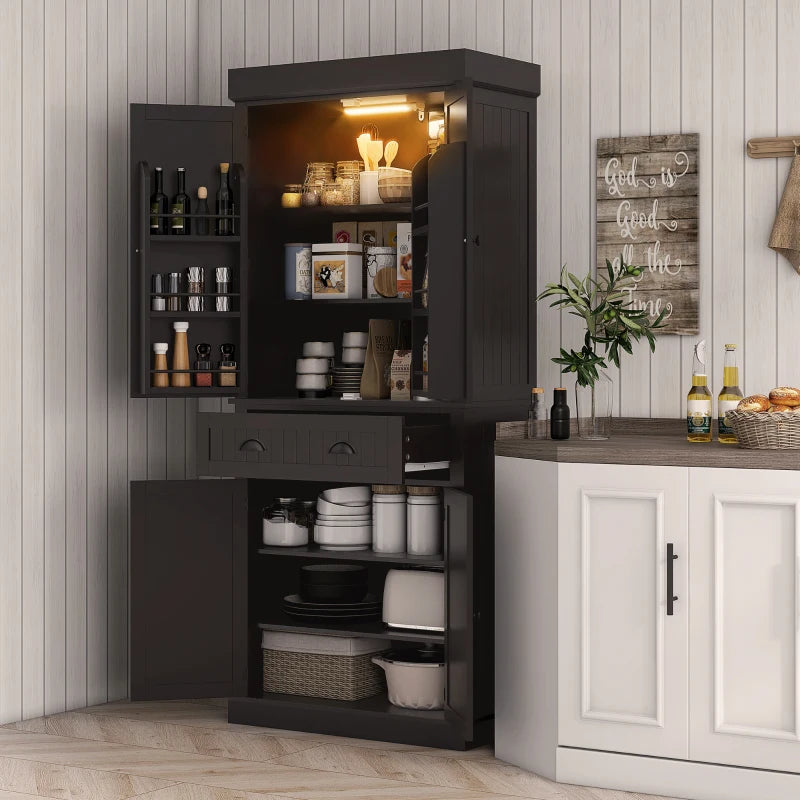 71" Kitchen Pantry Cabinet with LED Lights, 6 Spice Racks, a Drawer and 4 Adjustable Shelves, Black