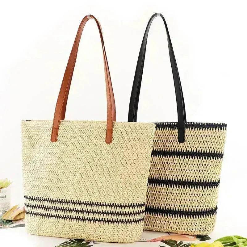 Striped Large Capacity Casual Summer Woven Straw Beach Tote Bag