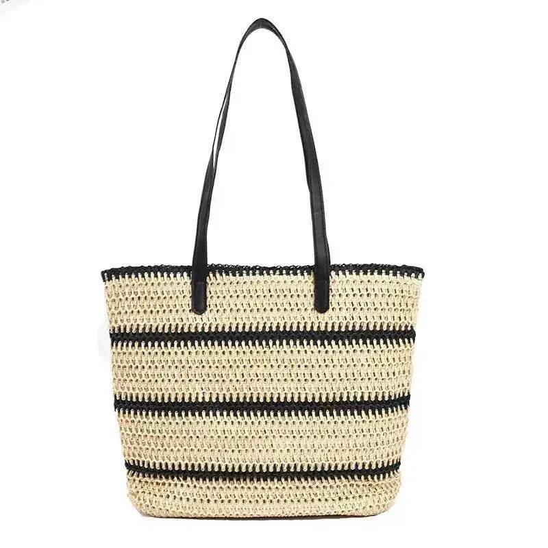 Striped Large Capacity Casual Summer Woven Straw Beach Tote Bag