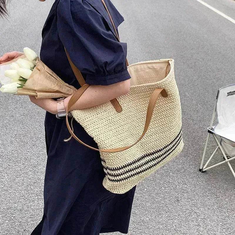 Striped Large Capacity Casual Summer Woven Straw Beach Tote Bag