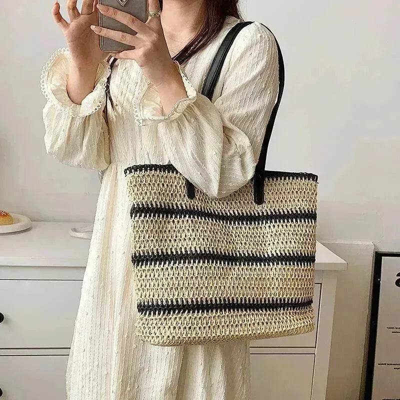 Striped Large Capacity Casual Summer Woven Straw Beach Tote Bag