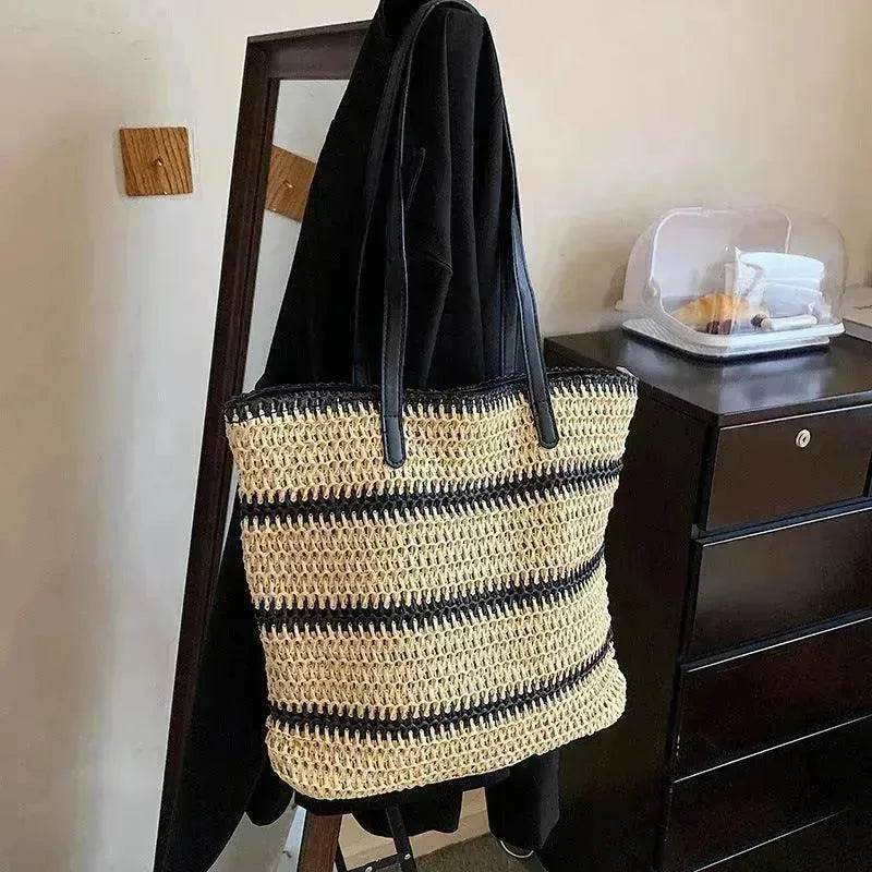 Striped Large Capacity Casual Summer Woven Straw Beach Tote Bag