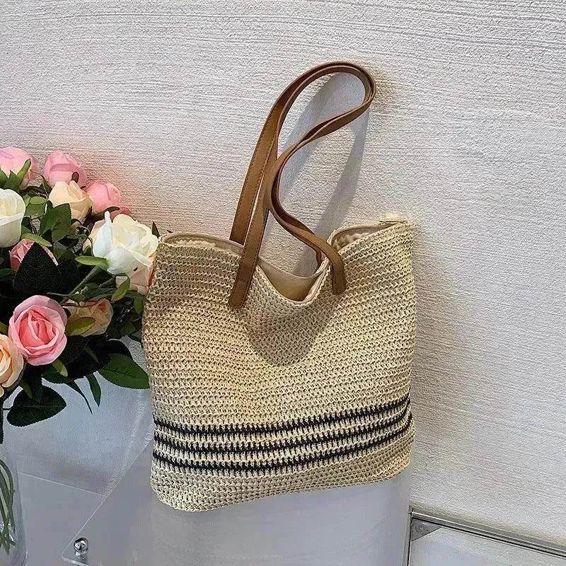 Striped Large Capacity Casual Summer Woven Straw Beach Tote Bag