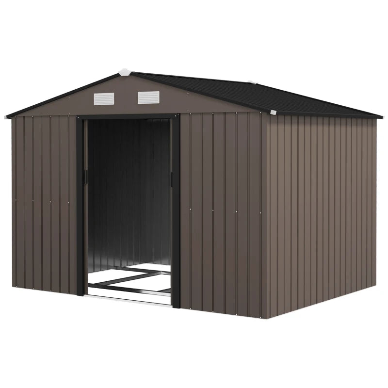 9.1'x6.4'x6.3' Garden Storage Shed w/ Foundation Kit Metal Tool Storage House w/ Double Doors Brown