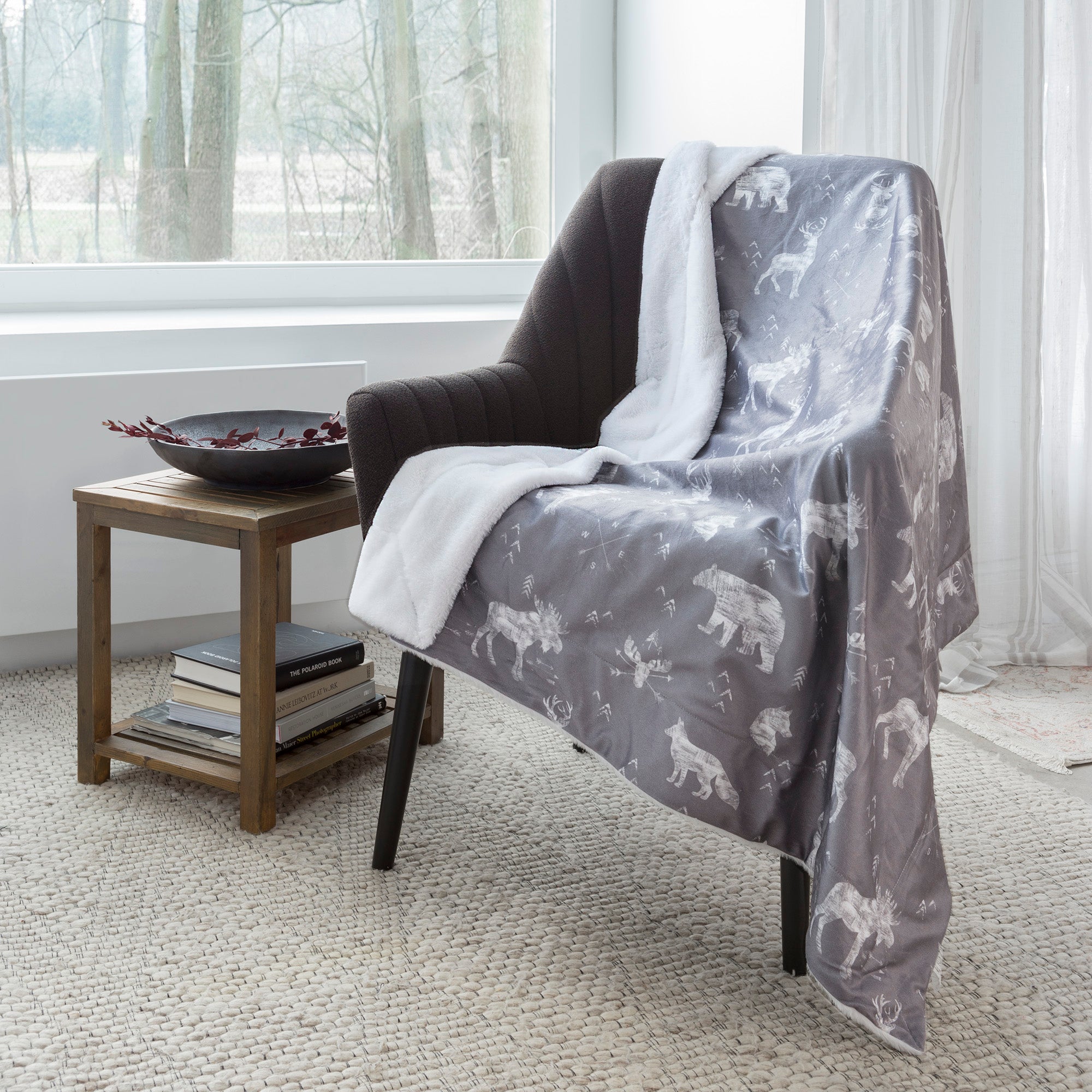 Super Soft Faux Fur Reversible Blanket Throw Sherpa Home Decor Bedding 48X60 Grey Wildlife