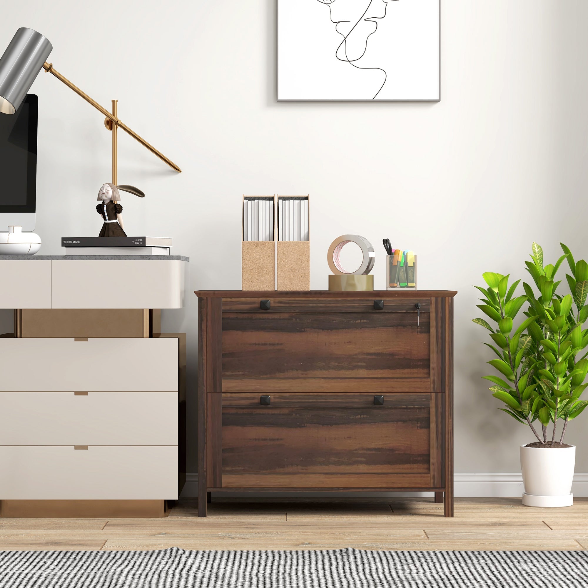 HOMCOM 2 Drawer File Cabinet, Lockable Filing Cabinet with Adjustable Hanging Bar for Letter, A4 and Legal Size, Brown